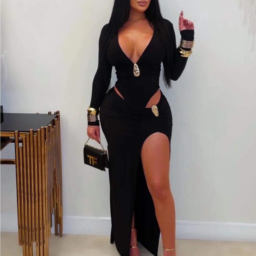 Black Cutout Maxi Dress with Gold Accents